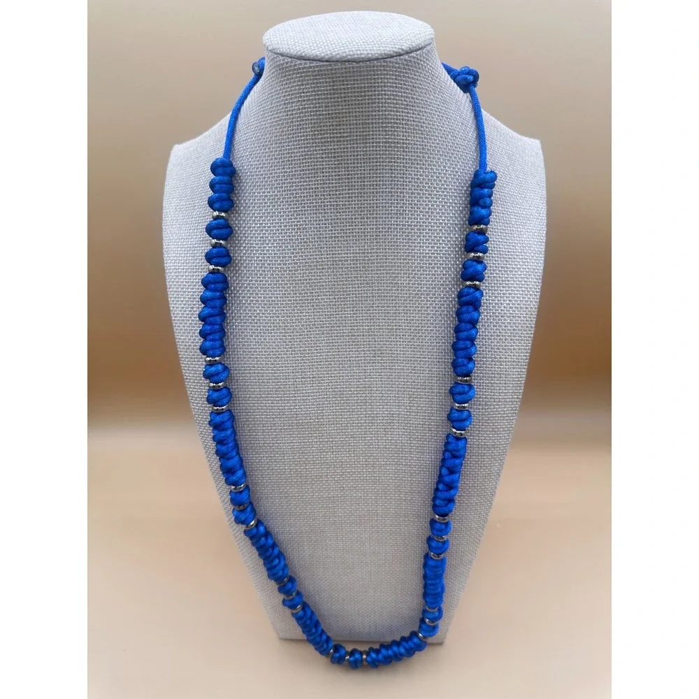 Blue Knotted Cord Necklace Silver Tone Spacer Beads Boho Festival Statement Gift